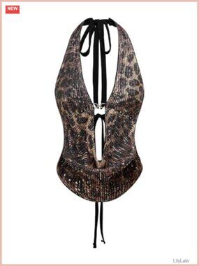 Sequin Cheetah Print Halter Top Self Tie Plunge Neck Sleeveless